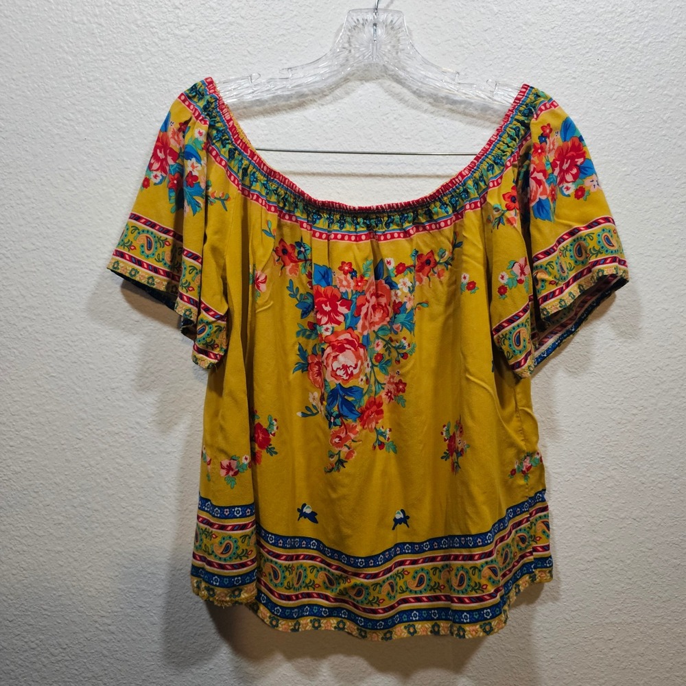 Flying Tomato Mustard Yellow Floral Boho Off The Shoulder Top Large IT 7739-TJ